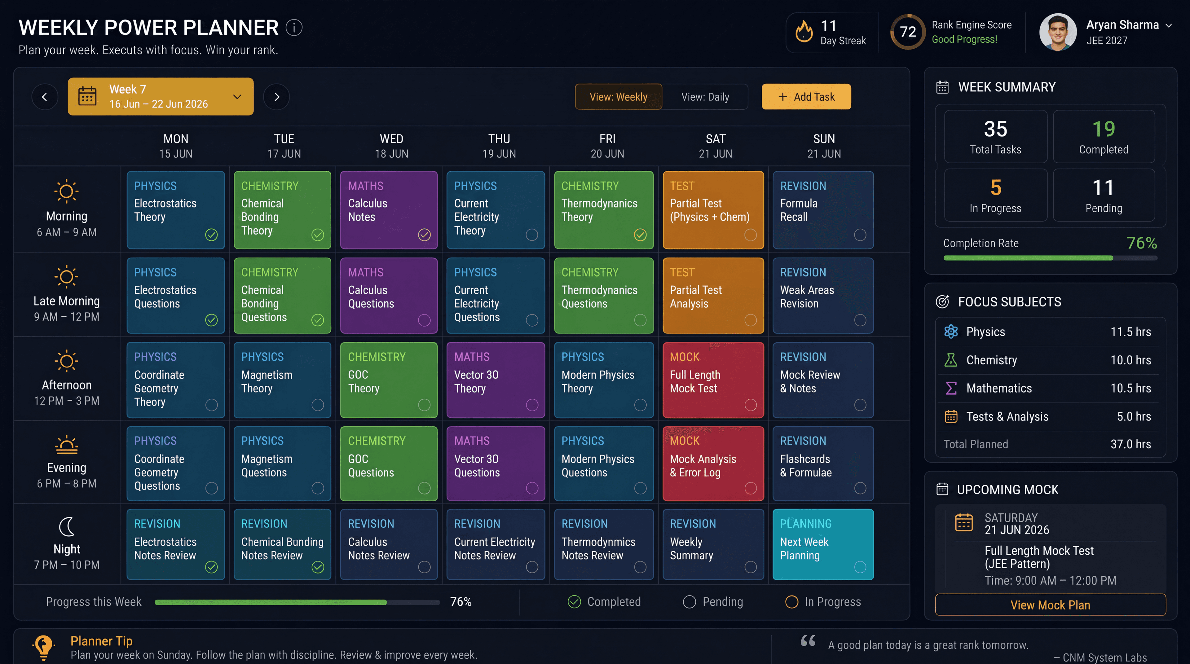 Weekly Power Planner interface preview with illustrative content